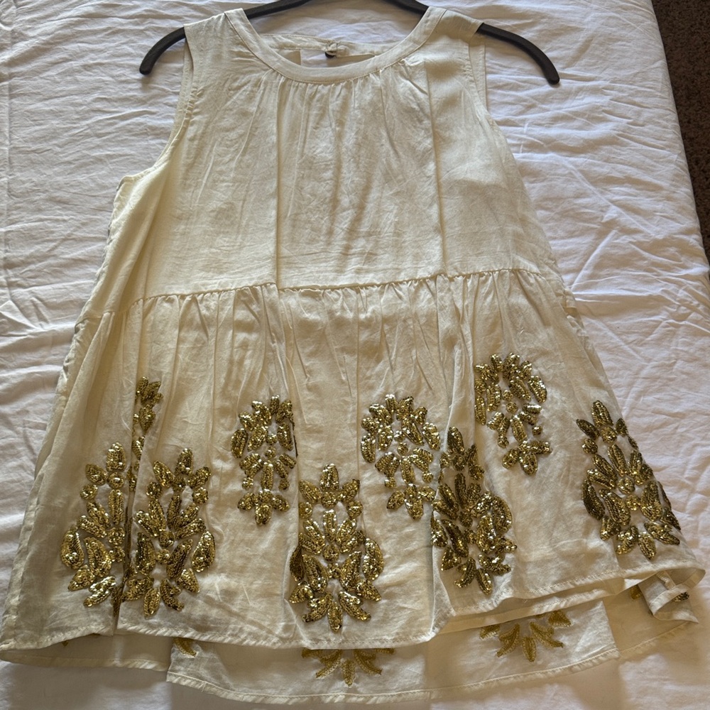 Anthropologie Cream and Gold Embellished Blouse
